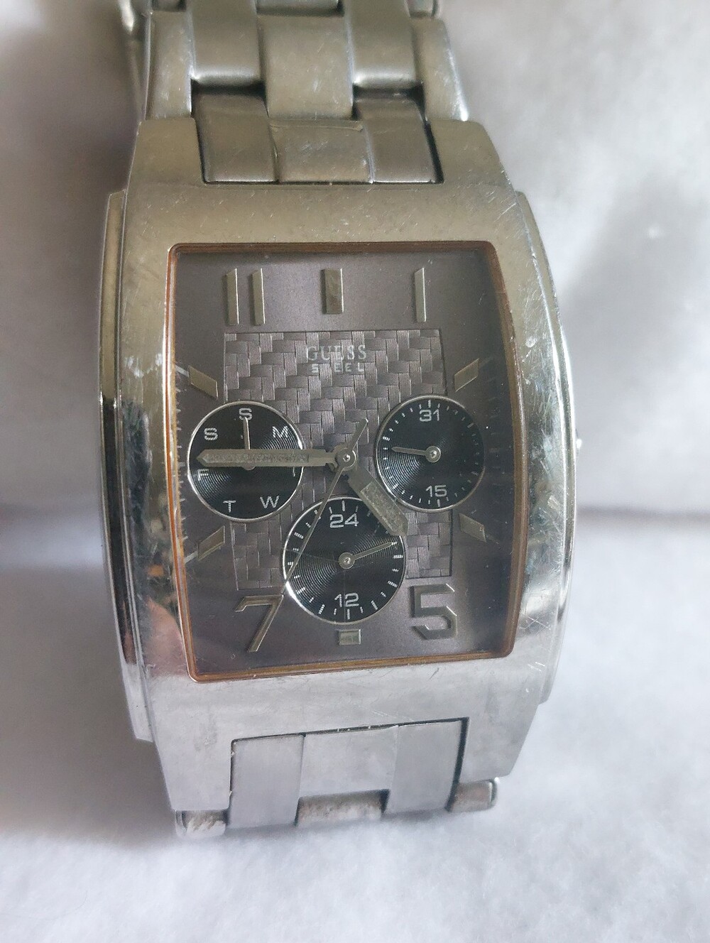 GUESS Steel Square Tank Watch Gunmetal Dial Subdials Silver Tone - Needs Battery